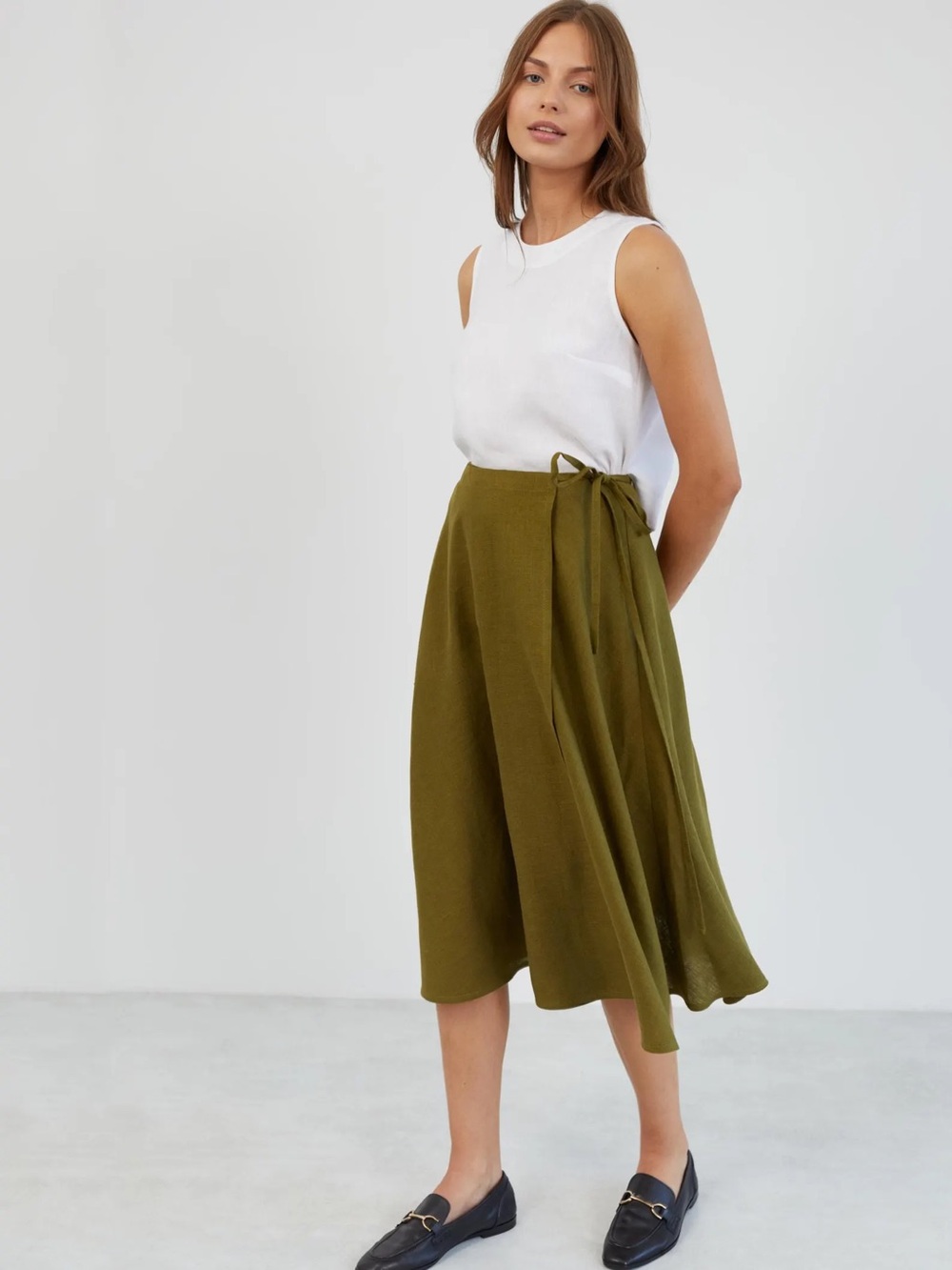 LoveAndConfuse black linen wrap midi skirt, bias cut, small